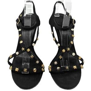 Chanel Black Embellished Strappy Heels 41 Gold Icon Studs Karl Lagerfeld Era